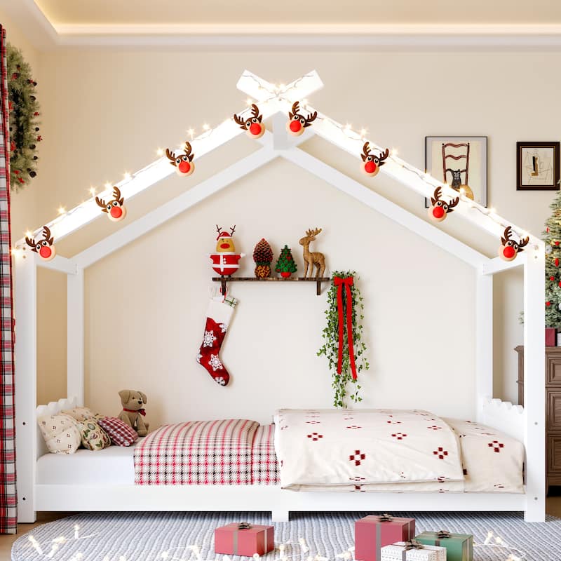 Roomfitters House Floor Bed with Support Slats, Solid Wood Open Frame Design