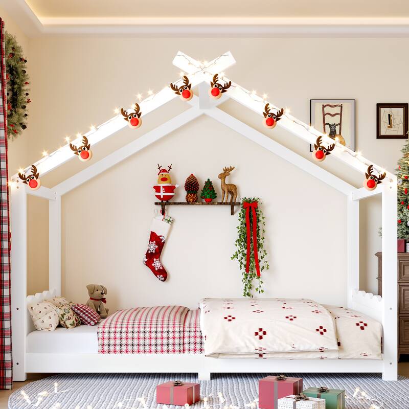 Twin House Floor Bed with Support Slats, Solid Wood House Bed Frame for Kids, No Box Spring Needed and Opening Constructure