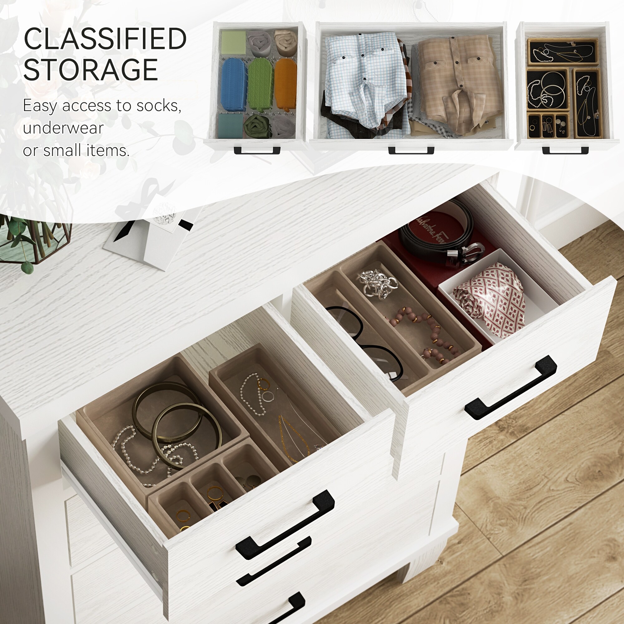 Dresser for Bedroom with 6 Drawers, Vintage Design Wood