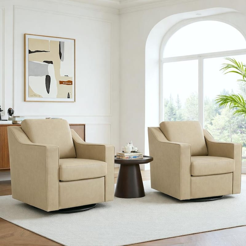 2 Set Modern Swivel Accent Arm Chair for Living Room - Cream-Vegan Leather