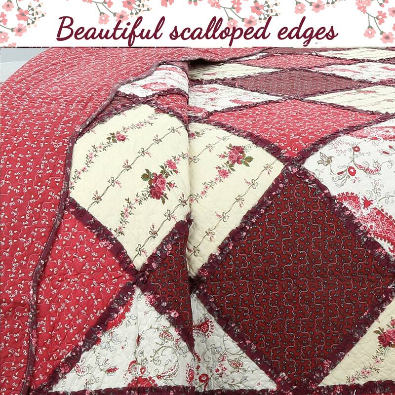 Annabel Heirloom Red Patchwork Floral Paisley 3-Piece Cotton Quilt Bedding Set