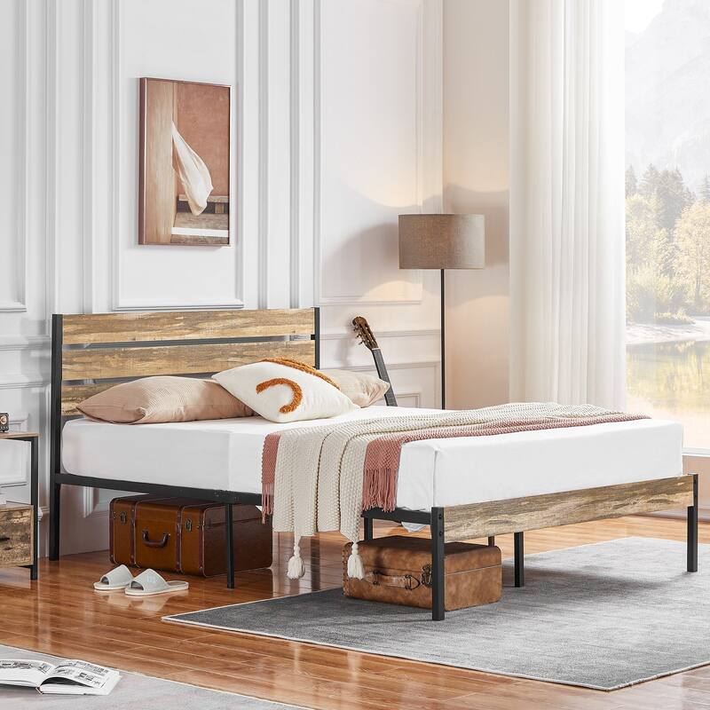 VECELO Industrial Wood Bed Frame with Headboard, Twin Size Beds/Full Size Beds/Queen Size Beds