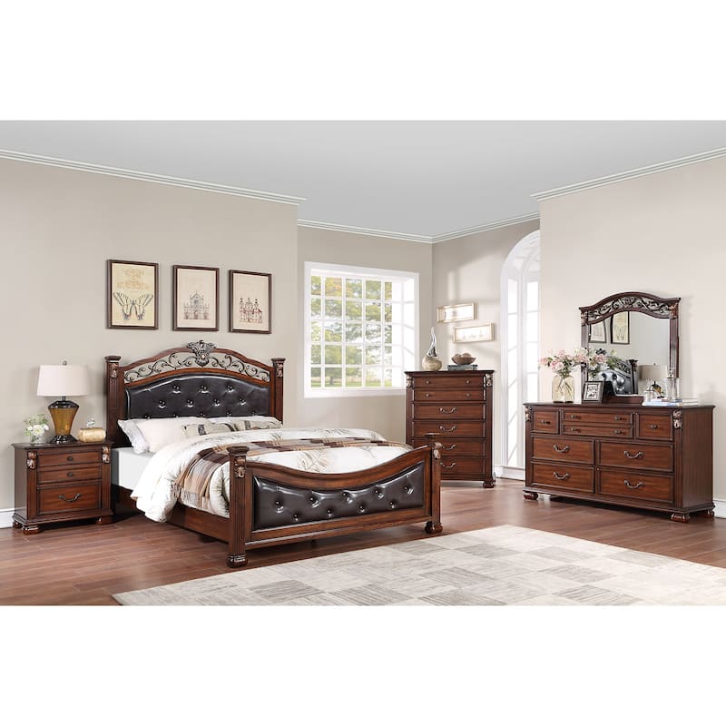 Bed with Crafted Upholstered Headboard in Dark Cherry