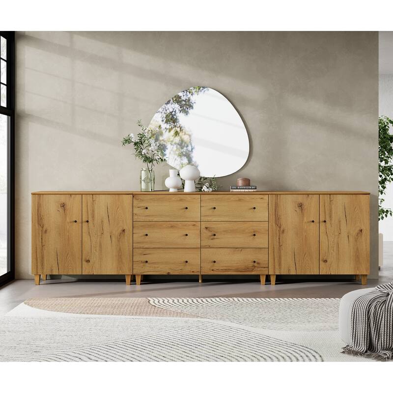 Wood Dresser with 6 Drawers and 2 Cabinets for Bedroom, 118" Wide - Oak Brown