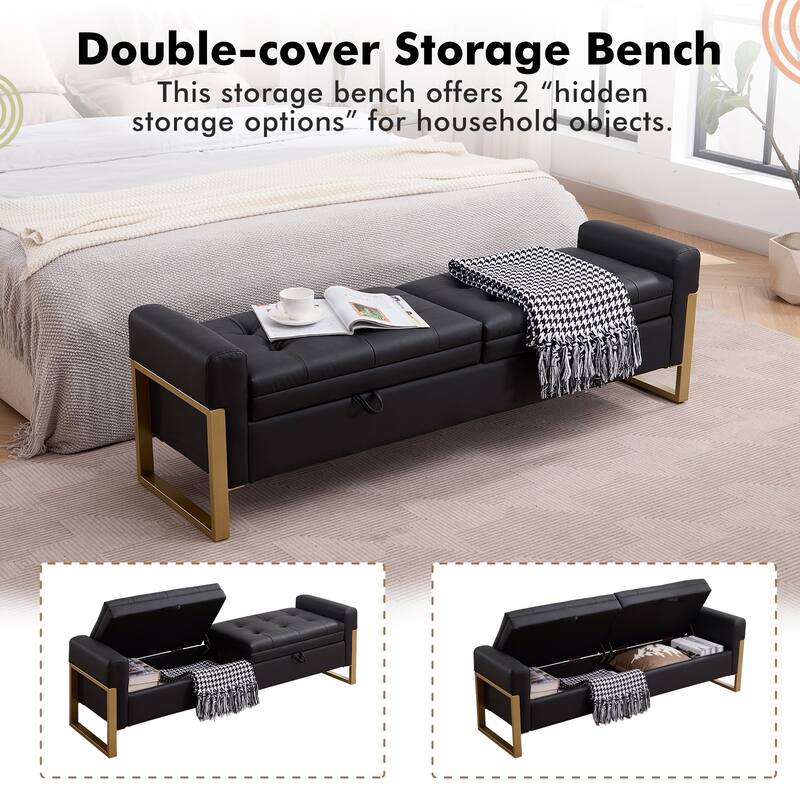 66" Storage Bench King Size End of Bed with Double Lids and Gold Legs