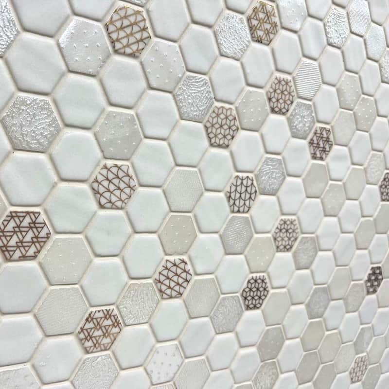 The Tile Life Eterna Hex 1x1 Oro Blanco Satin Glass Mosaic Backsplash & Wall Tile