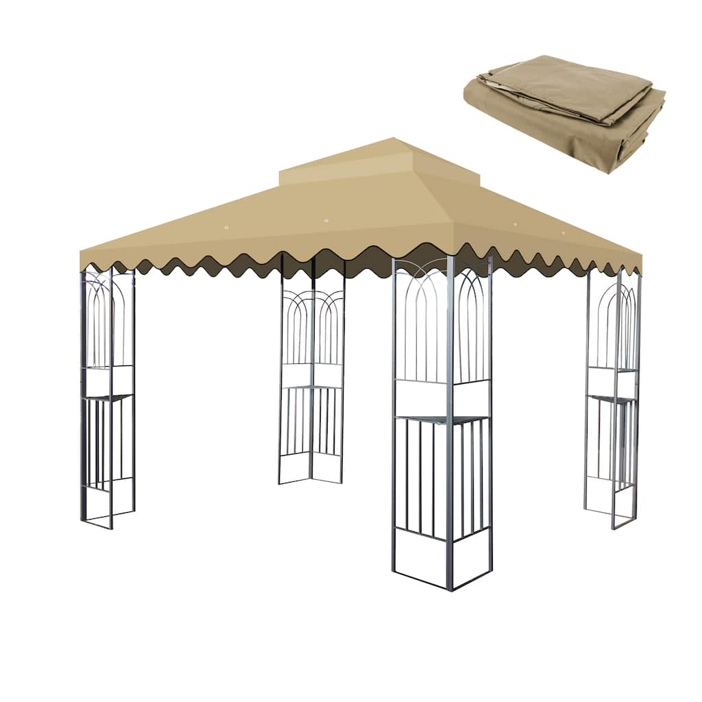 10x10 Ft Double Tiered Gazebo Replacement Canopy with Wavy Border, UV Protection & Mosquito Net - Tan