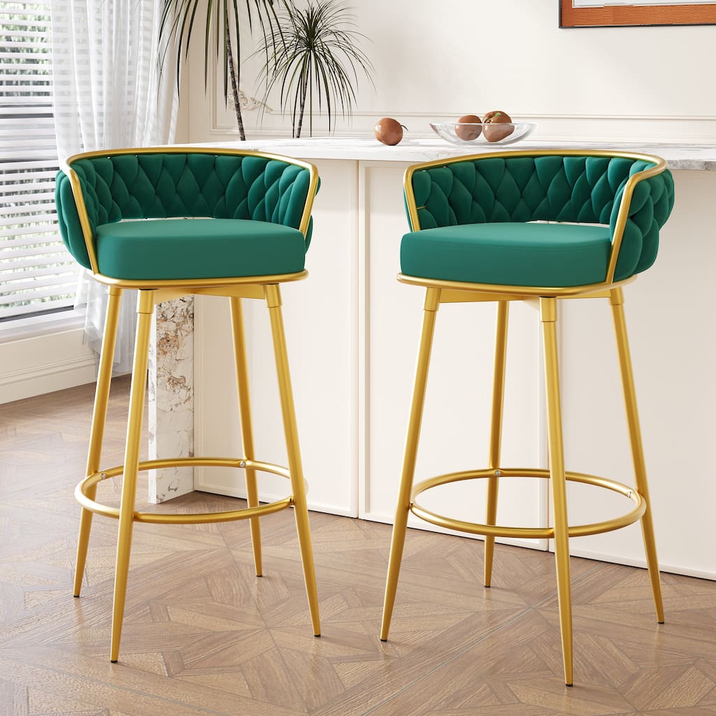 Swivel Counter Height Bar Stools Set of 2, 31.5" Bar Height Stools with Hand-Woven Backrest & Gold Metal Legs, Modern Lo