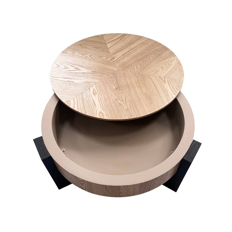 33" Round Coffee Table with Hidden Storage, Parquet Veneer Top Table, 3 Block Legs Sturdy Center Accent Table for Living Room