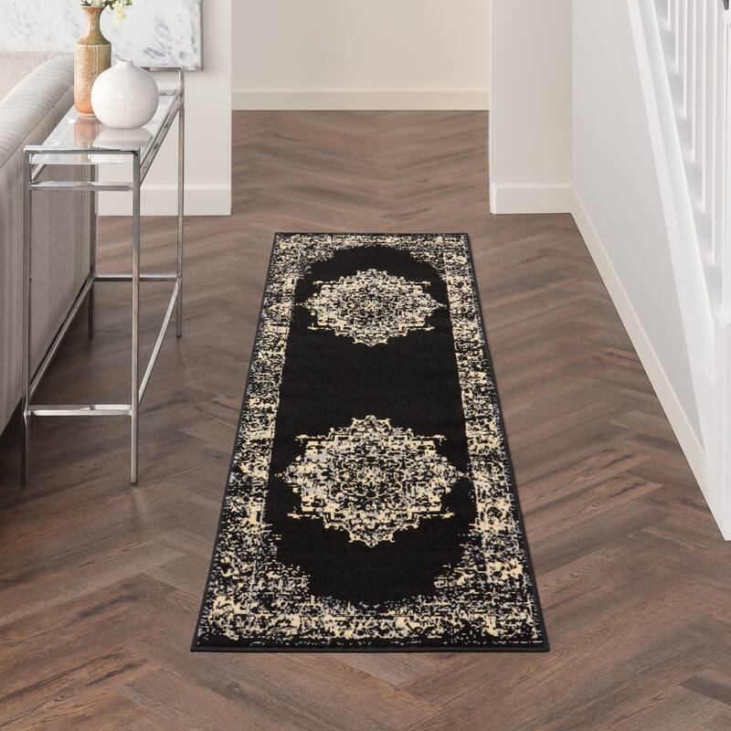 Nourison Grafix Distressed Vintage Medallion Area Rug - 2'3" x 7'6" - Black