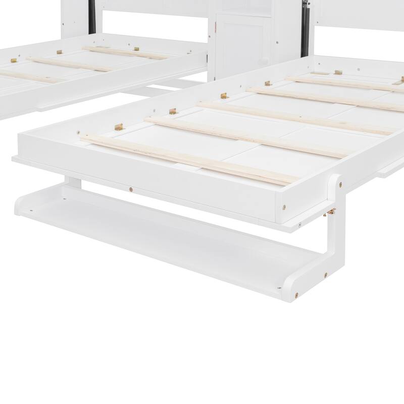 Dual Twin Wall Murphy Bed with Storage Cabinet and Display Shelves, Foldable Wooden Bed Frame for Apartments or Guest Rooms