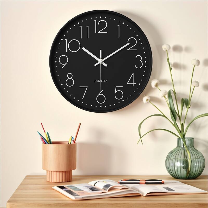 Simple Wall Clock, Big Number, Silent Non-Ticking Modern Battery Operated, Classic Analog Clocks Decorative 12x12x1.8 Inch - Black