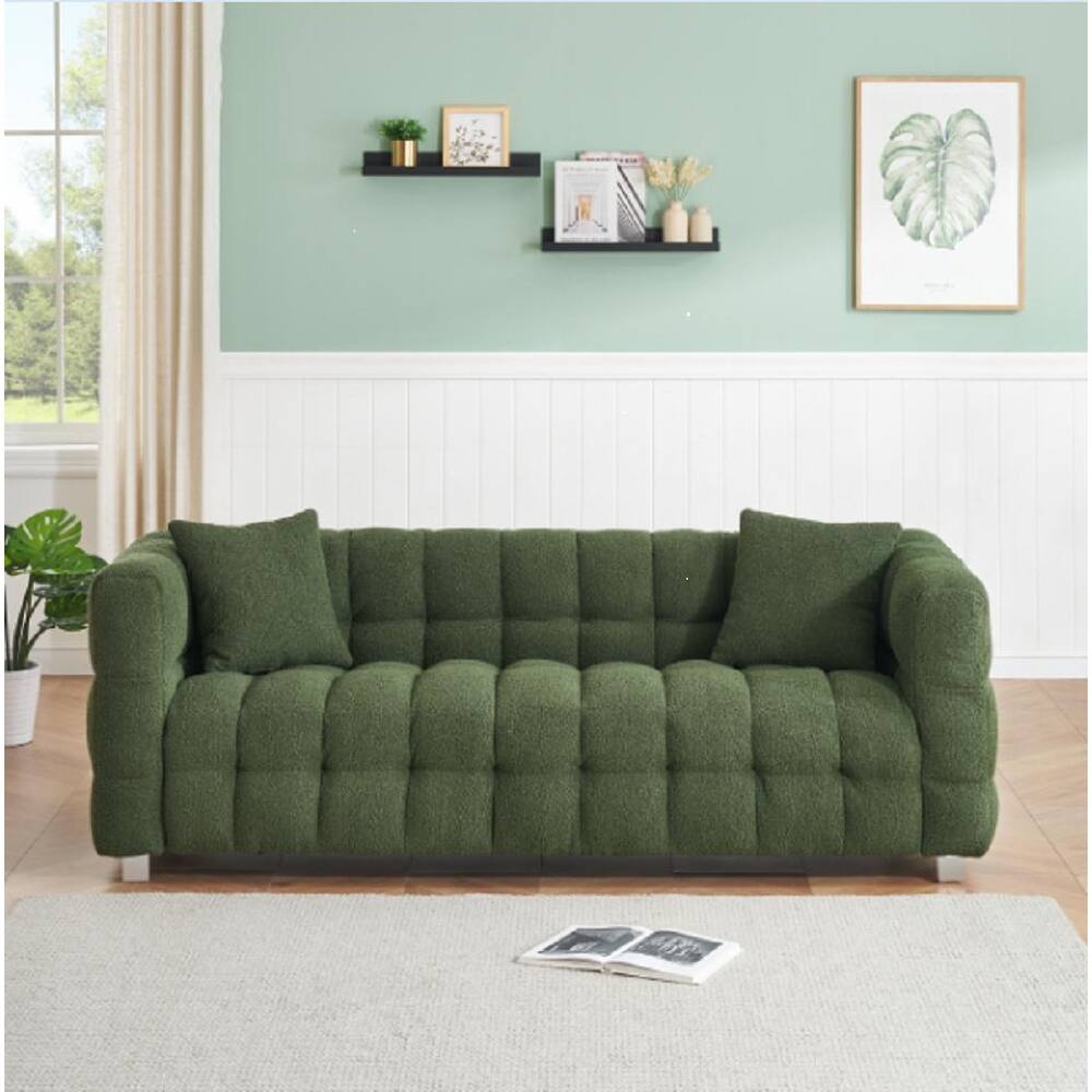 Refreshing Green Teddy Fleece Sofa - 80" , Comes with Two Throw Pillows and Sturdy Hardware Foot Support