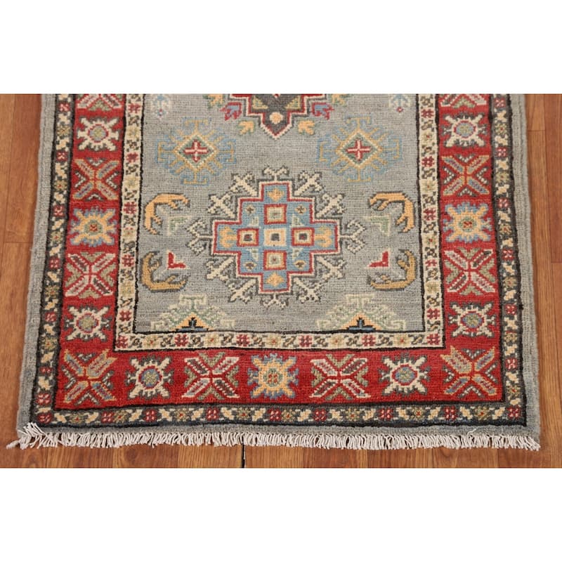 Geometric Kazak Oriental Runner Rug Hand-Knotted Grey Wool Carpet - 2'3" x 5'11"