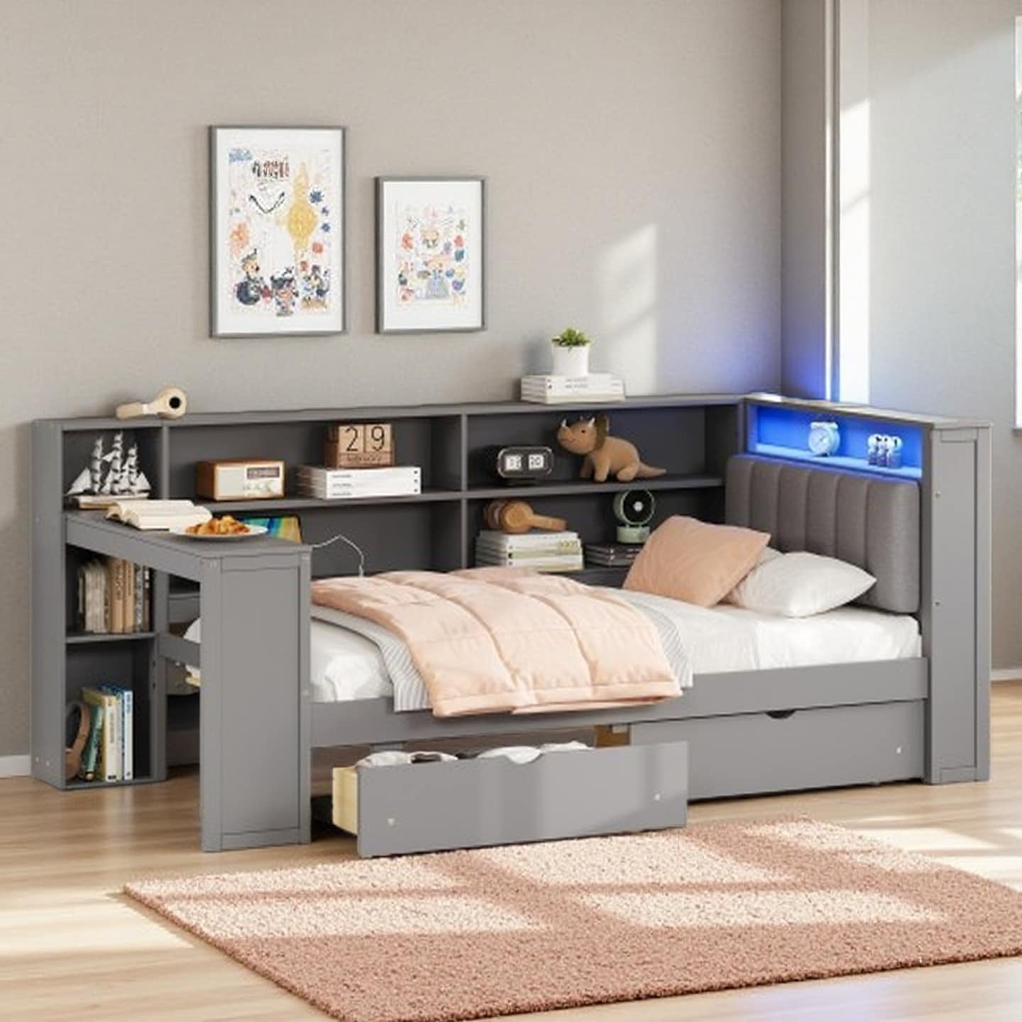 Full Size DayBed with Upholstered Headboard, Built-In Desk, Storage Shelves & Drawers, LED Lighting, and USB Charging Station