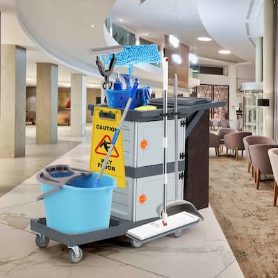 3-Shelf Janitorial Cart, 300 Lbs Capacity Housekeeping Cart, Wheeled