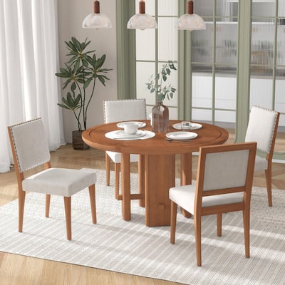 5-Piece Round Dining Table Set for 4 - Minimalist Farmhouse Design with 4 Solid Wood Upholstered Chairs