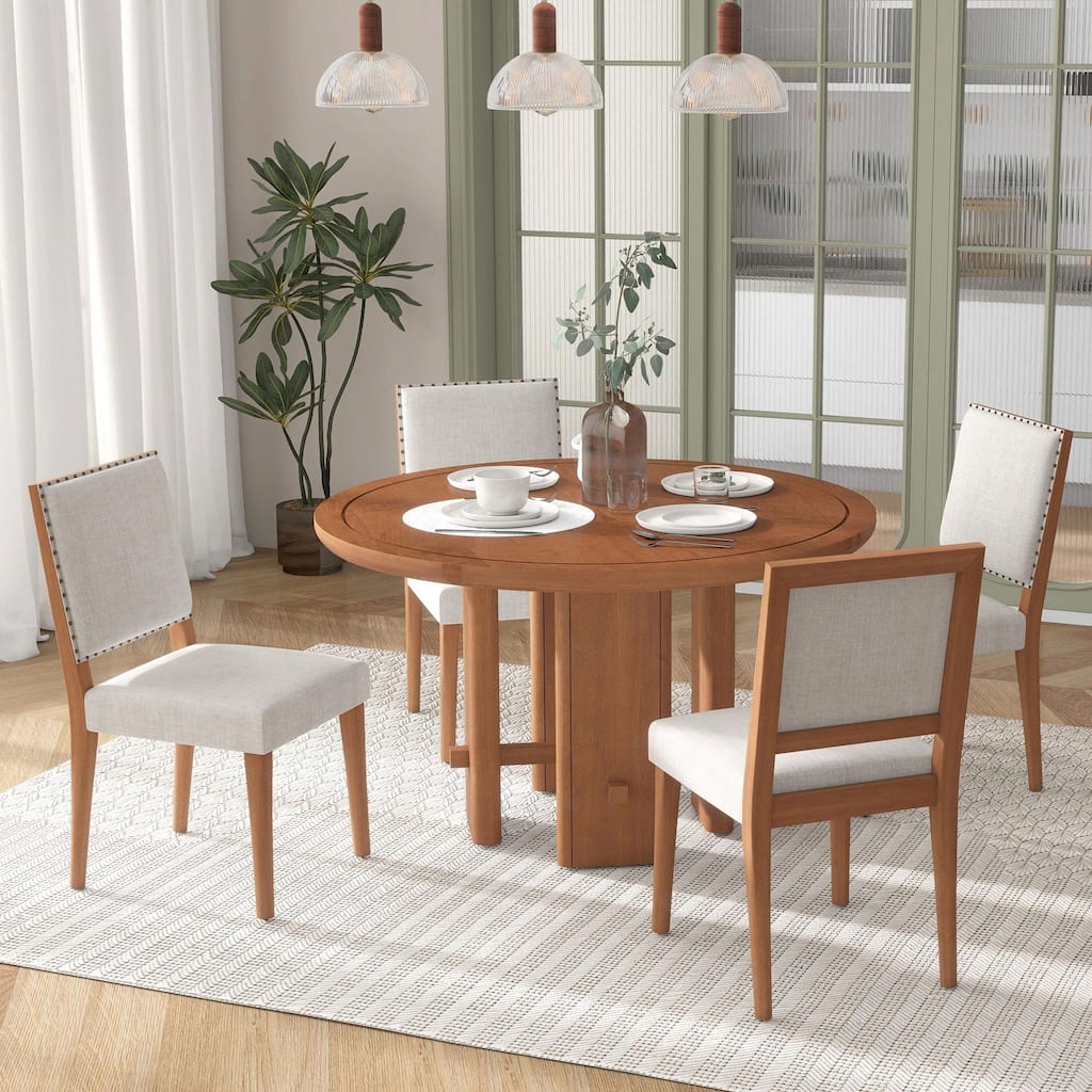 5-Piece Round Dining Table Set for 4 - Minimalist Farmhouse Design with 4 Solid Wood Upholstered Chairs