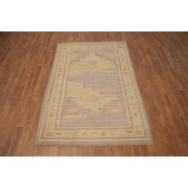 Hand Woven Oriental 100% Wool Carpet Southwestern Tribal Yellow & Gold Kilim Area Rug - 5' 11'' X 4' 0''