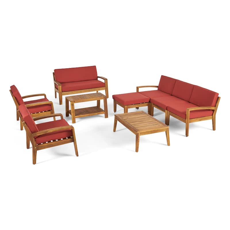 Grenada 7-Seater Sectional Sofa Chat Set with Ottoman by Christopher Knight Home - teak finish + red