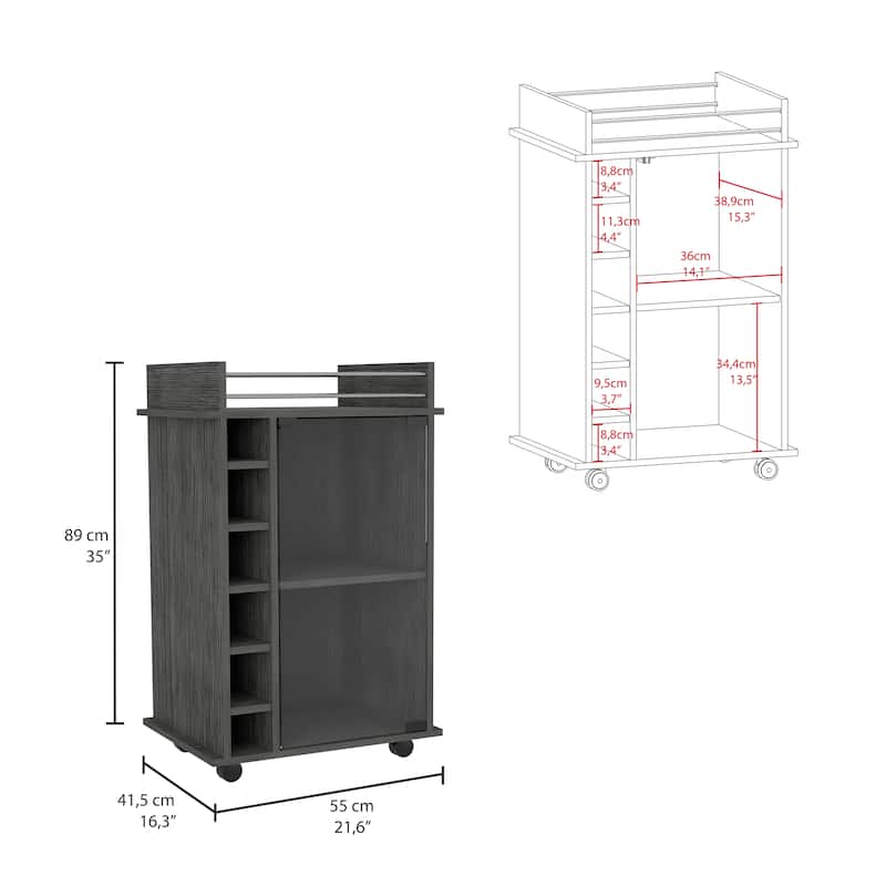 Sleek Bar Cart with Glass Door, Six Wine Cubbies, Locking Casters, Top Shelf - Carbon Espresso