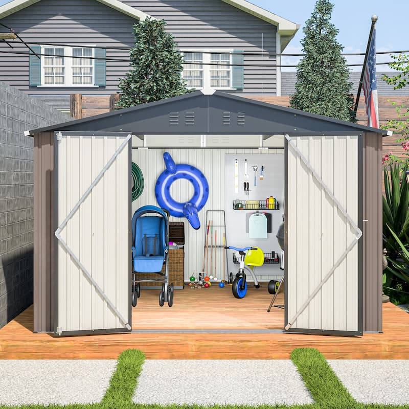 GDFStudio - Cassandra Large 10 x 10 FT Outdoor Metal Storage Shed with Lockable Doors