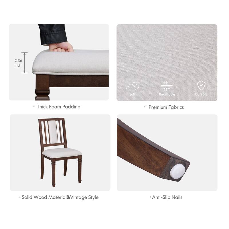 Farmhouse Dining Chair and Bench Set, Solid Wood Upholstered Armless Chair and Dining Bench with Turned Legs