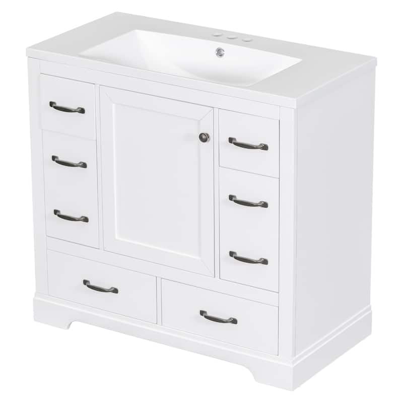 Bathroom Vanity with Ceramic Sink, Vanity Set with 6 Drawers and Soft Closing Door, Bathroom Cabinet with Adjustable Shelf