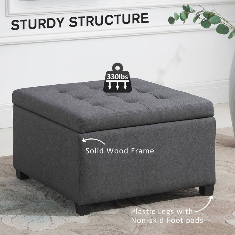 HOMCOM Fabric Tufted Storage Ottoman with Flip Top Seat Lid, Metal Safety Hinge and Stable Rubberwood Legs