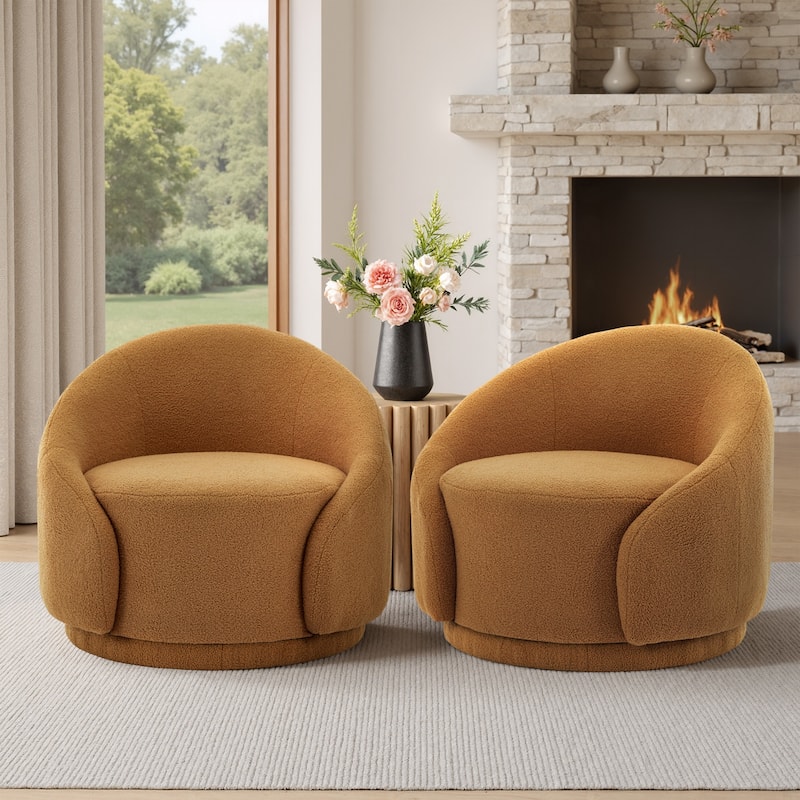 35" Wide 2 Set Velvet/ Boucle Barrel Swivel Chair - Rusted Orange-Boucle