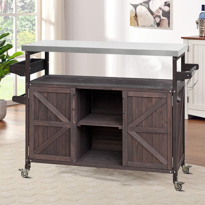 Vintage Stylish Wooden Kitchen Island with Stainless Steel Top, Indoor/Outdoor Use -  Dark Brown