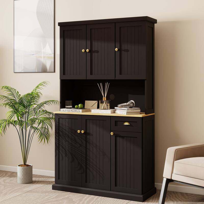Kitchen Pantry with Microwave Oven Countertop, Hutch Cabinet with Adjustable Shelves, Storage Cabinet with 6 Doors and 1 Drawer
