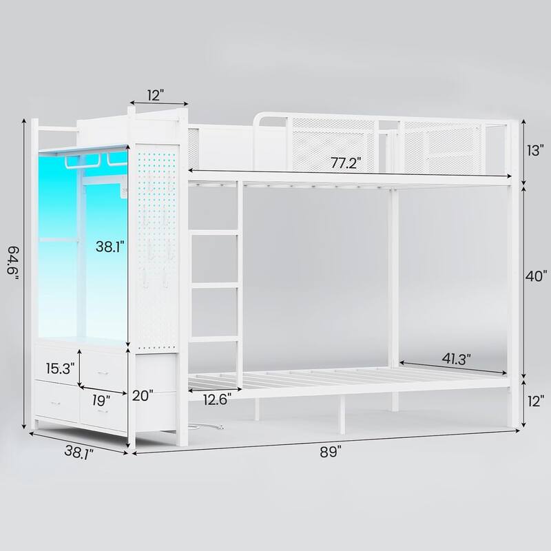 Metal Bunk Bed Twin Over Twin with Hall Tree 4 Storage Drawers
