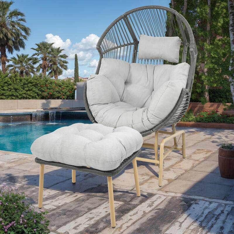 Outdoor Glider Egg Chair with Cushion and Ottoman - Dark Grey - Light Grey