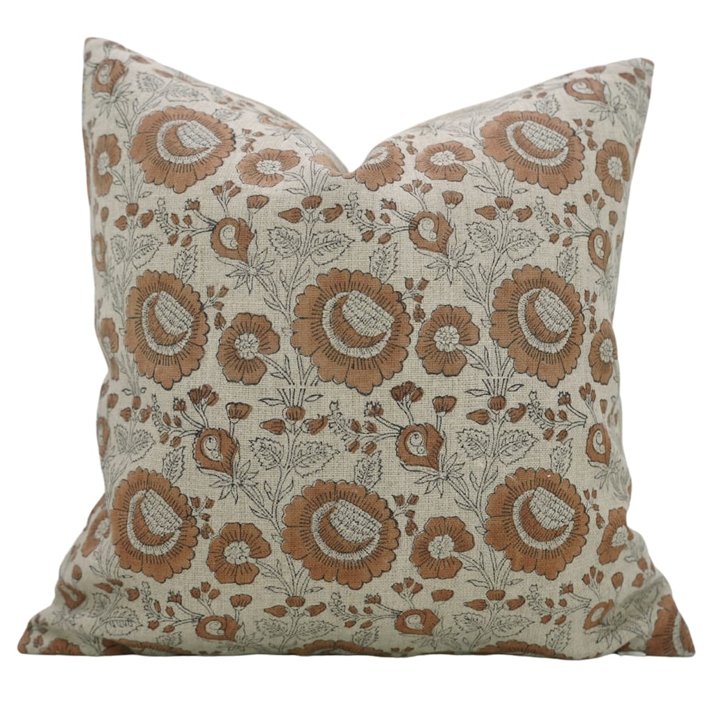 Fabdivine Floral Pillow Cover for Living Room Accent Heavy Linen Block Print Brown Summer Gift Cushioncase, Sun Flower