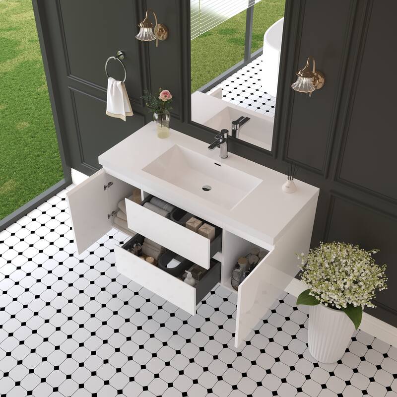 Modern Wall-Mounted Bathroom Vanity with White Solid Surface Top
