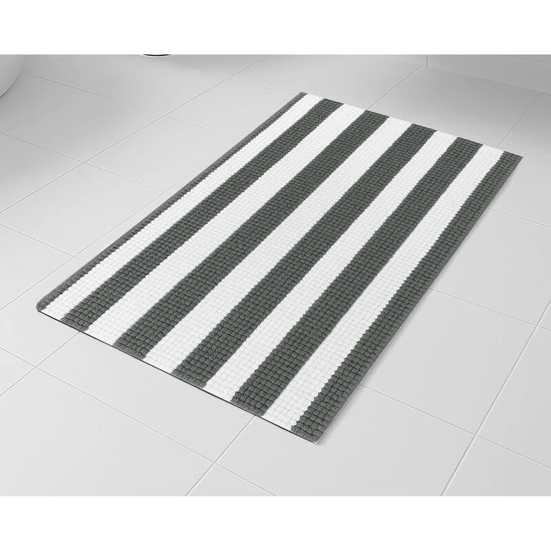2 Piece Set Charcoal Grey White Stripe Soft Cozy Plush Chenille Bath Mat Bathroom Rug