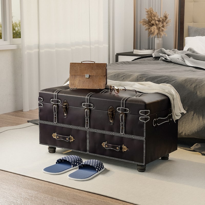 COZAYH Vintage Storage Ottoman Bench, Chest Cabinet with Latch Closure and Buckle for Bedroom Closet Home Organizer Decorative - Black Brown