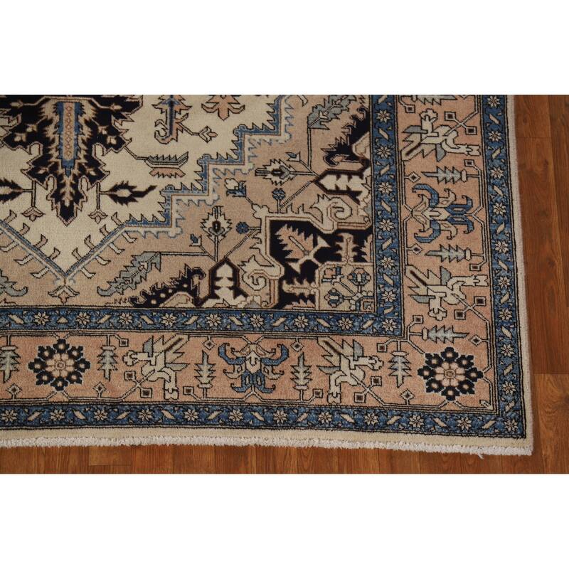 Hand Knotted Oriental 100% Wool Carpet Traditional Medallion Beige & Ivories Heriz (serapi) Area Rug - 9' 7'' X 6' 5''
