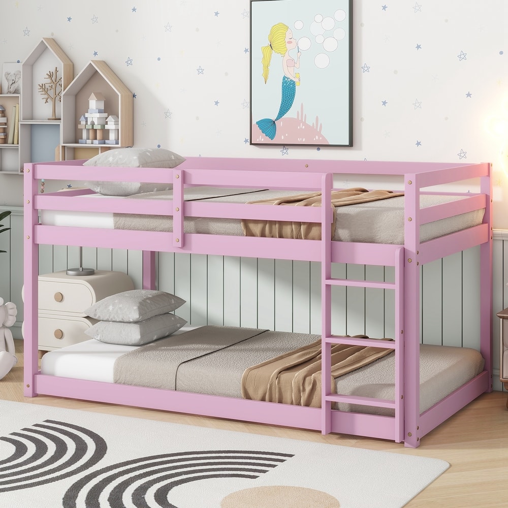 Wooden Twin over Twin Floor Bunk Bed with Ladder, with Bed Platform of Strengthened Slats