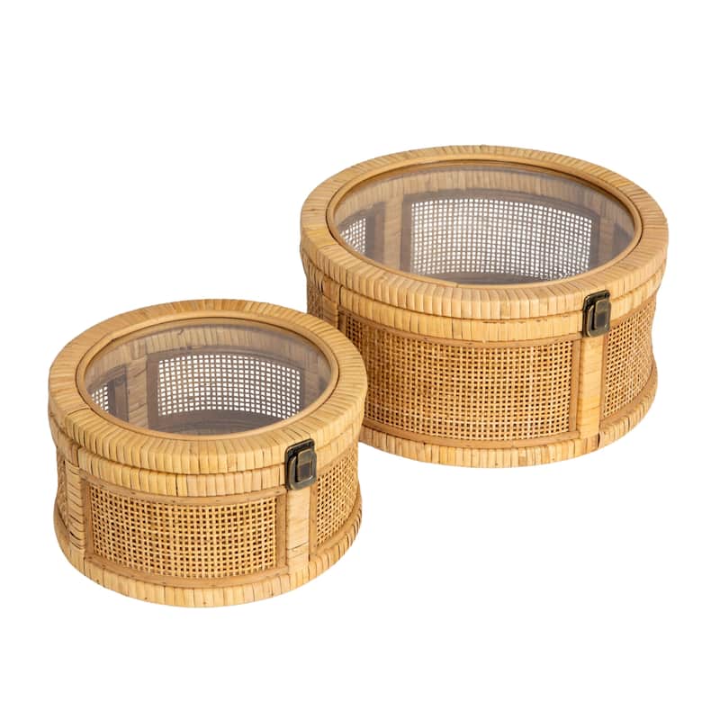 Rattan and Bamboo Nestable Storage with Glass Lids, Set of 2 - Natural