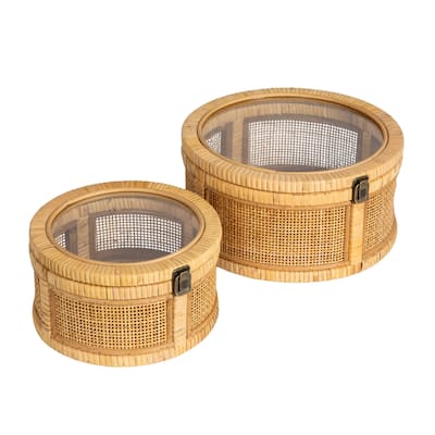Rattan and Bamboo Nestable Storage with Glass Lids, Set of 2