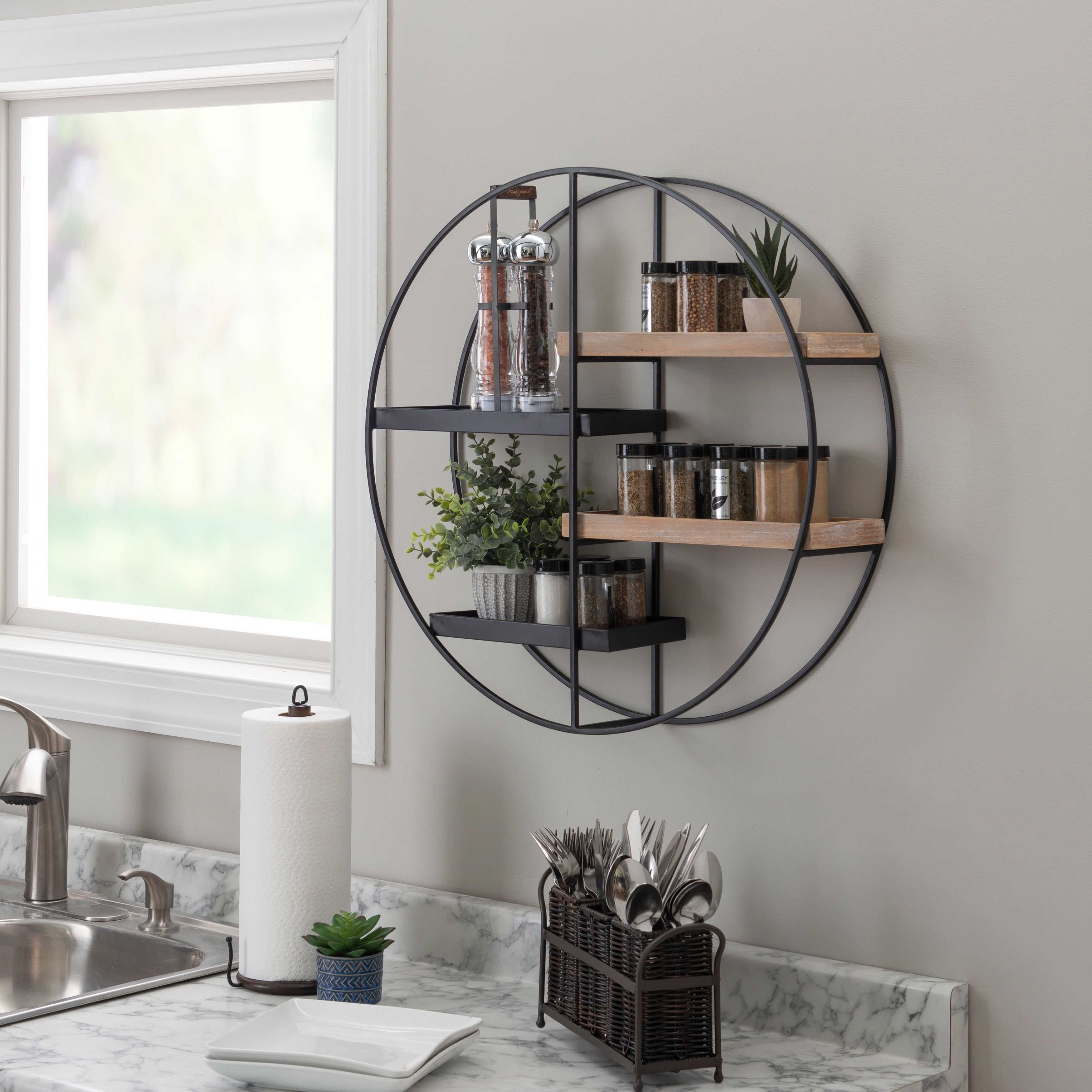Montfort Round Modern Metal and Wood 4 tier Hanging Wall Shelf