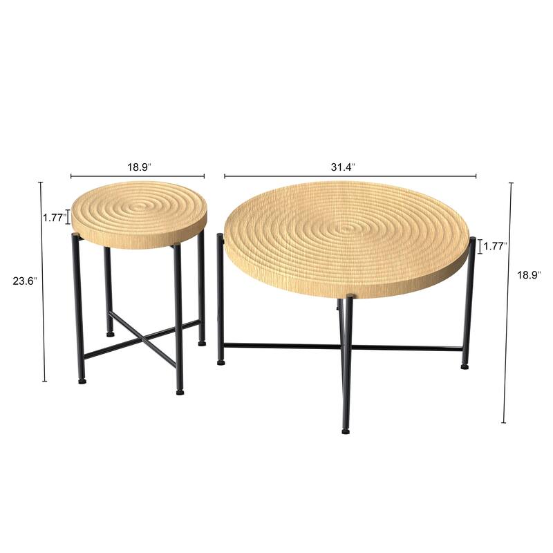 2-Piece Coffee and End Table Set - Waterproof MDF with PVC Cover, Distressed Cylindrical Design - Oak Natural Wood + Antique White
