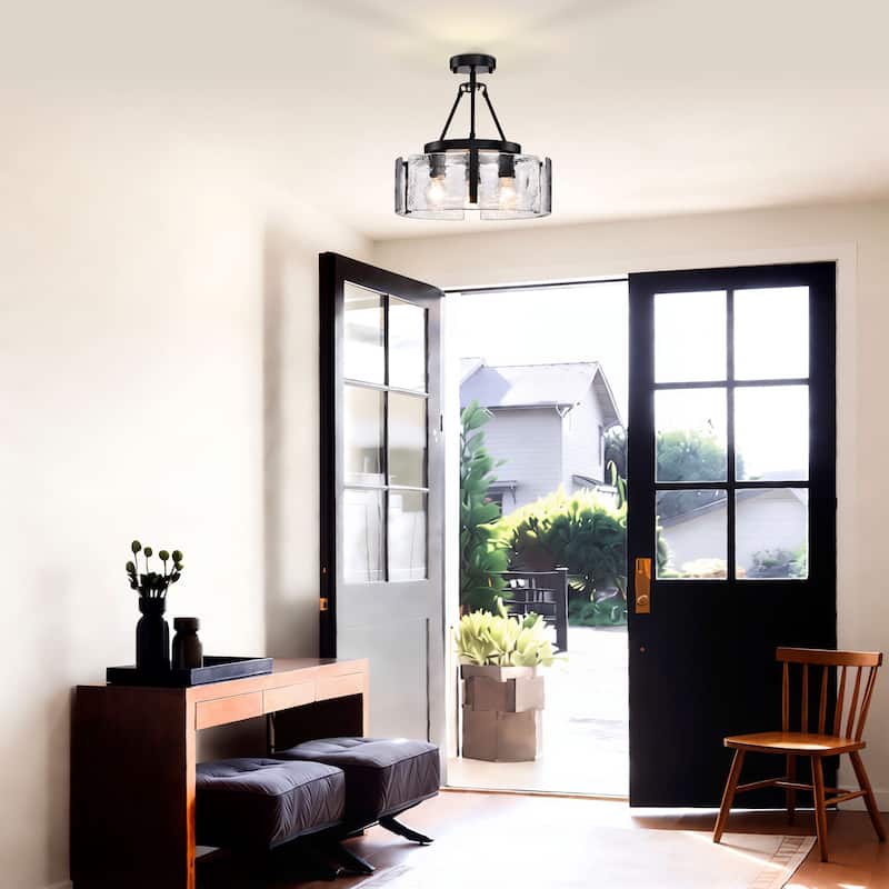 Reina 3-Light Water Textured Glass Panel Drum Semi Flush Mount