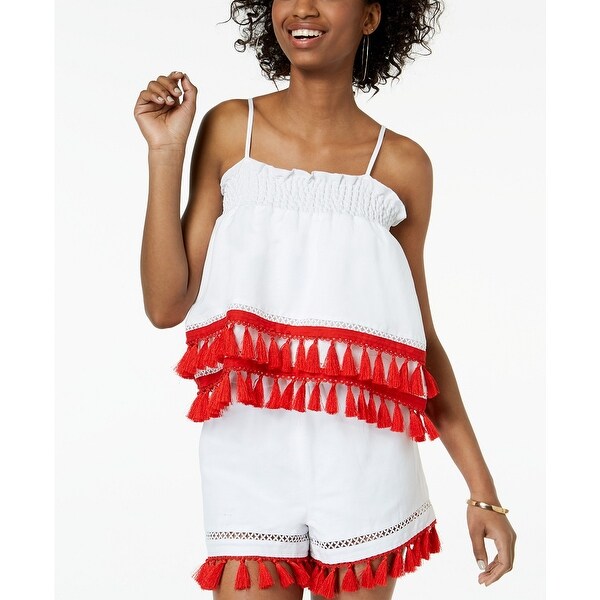XOXO White Size XL Junior Tassle Trim Smocked Cropped Cami Blouse