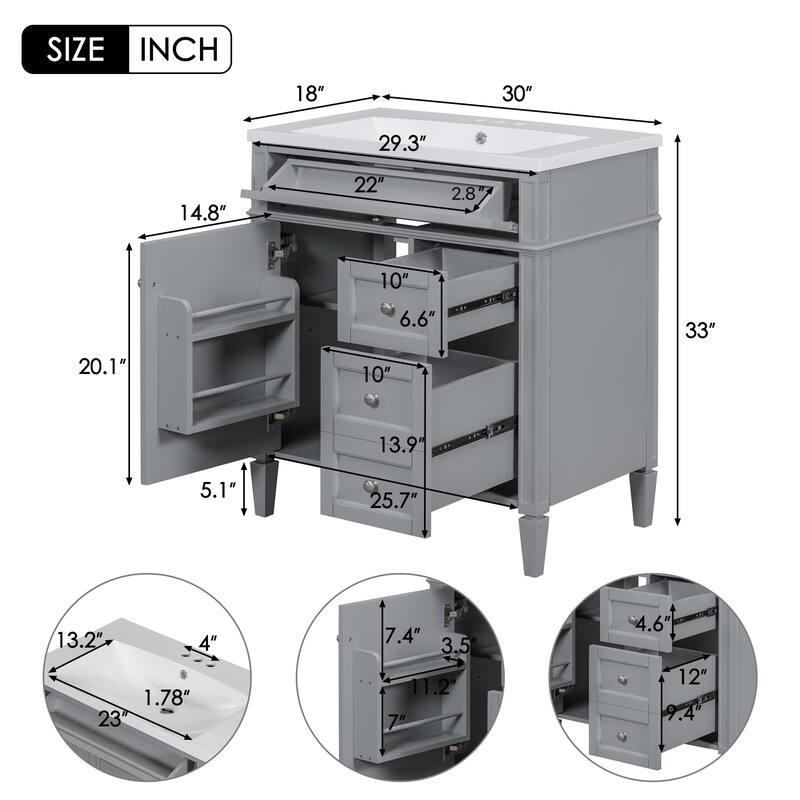 Freestanding Bathroom Vanities, Multipurpose Bathroom Storage Cabinet, Bathroom Vanity with Top Sink & 1 Tip-Out Drawer
