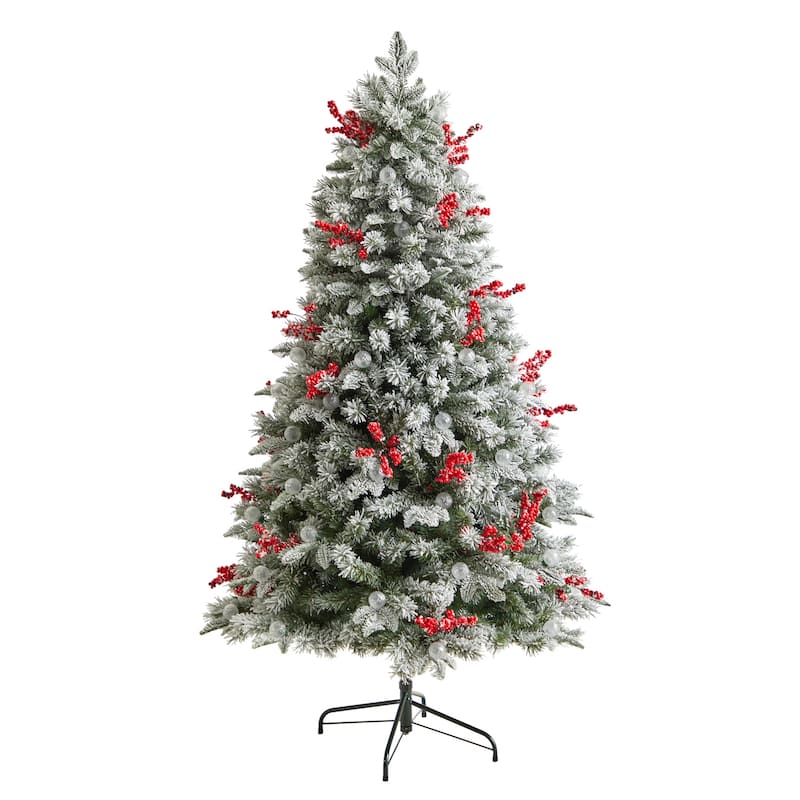 6Ft Pre-Lit Artificial Christmas Tree - Snow Tipped Norwegian Fir with 200 Lights & Berries - White - 72