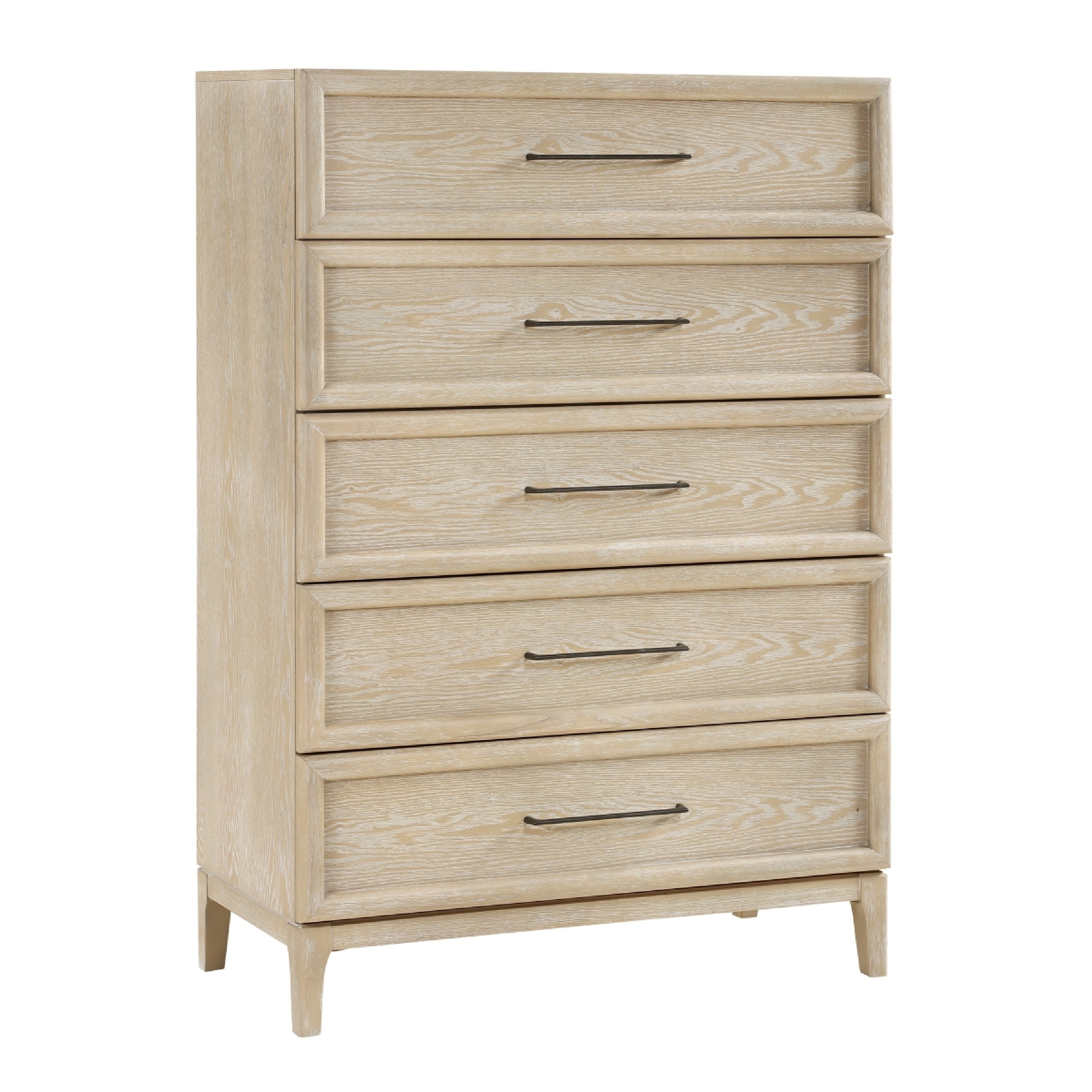 Ary Tall Dresser Chest, 5 Drawers, Black Bar Pulls, Light Brown Oak