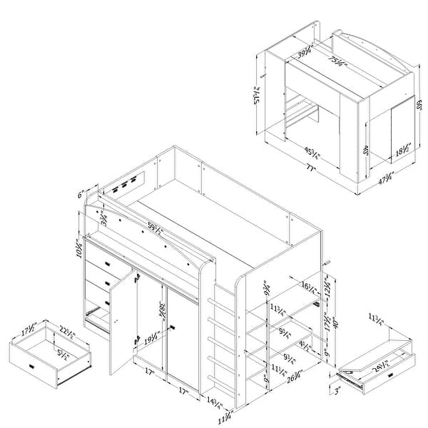 South Shore Tiara Space Saver Solution Loft Bed-2 Baskets Included